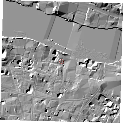 Shaded relief map of the ground around SE19EF, computed from Environment Agency LiDAR. The ground here sits at about 3 m above sea level and falls 20 m across the surrounding 800 m. Surface water reaching this point runs off ground lying to the north-north-east, 3.1 m higher.