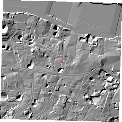 Shaded relief map of the ground around SE19EG, computed from Environment Agency LiDAR. The ground here sits at about 4 m above sea level and falls 14 m across the surrounding 800 m. Surface water reaching this point runs off ground lying to the south-east, 0.9 m higher.
