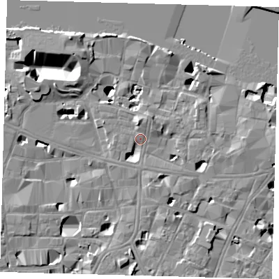 Shaded relief map of the ground around SE19EJ, computed from Environment Agency LiDAR. The ground here sits at about 4 m above sea level and falls 14 m across the surrounding 800 m. Surface water reaching this point runs off ground lying to the north, 5.3 m higher.