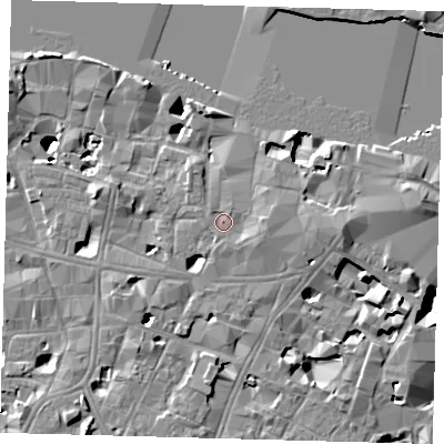 Shaded relief map of the ground around SE19EL, computed from Environment Agency LiDAR. The ground here sits at about 4 m above sea level and falls 14 m across the surrounding 800 m. Surface water reaching this point runs off ground lying to the east, 1.8 m higher.