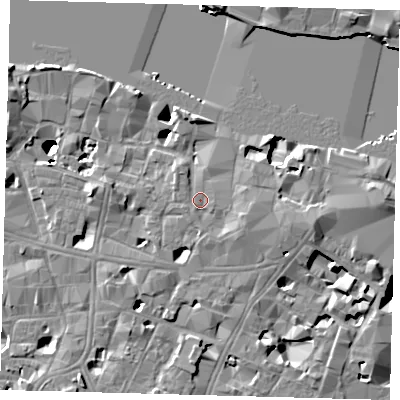 Shaded relief map of the ground around SE19EQ, computed from Environment Agency LiDAR. The ground here sits at about 4 m above sea level and falls 14 m across the surrounding 800 m. Surface water reaching this point runs off ground lying to the east-south-east, 1.8 m higher.