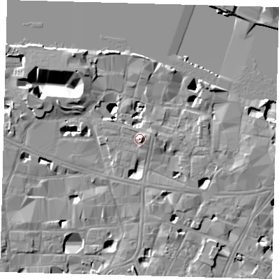Shaded relief map of the ground around SE19EU, computed from Environment Agency LiDAR. The ground here sits at about 5 m above sea level and falls 14 m across the surrounding 800 m. Surface water reaching this point runs off ground lying to the south-east, 2.2 m higher.