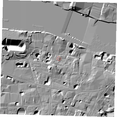 Shaded relief map of the ground around SE19EW, computed from Environment Agency LiDAR. The ground here sits at about 4 m above sea level and falls 17 m across the surrounding 800 m. Surface water reaching this point runs off ground lying to the south-south-west, 2.4 m higher.