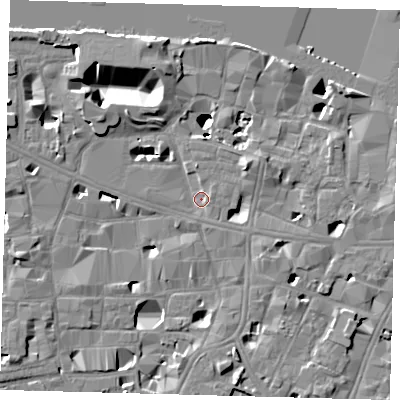 Shaded relief map of the ground around SE19EZ, computed from Environment Agency LiDAR. The ground here sits at about 3 m above sea level and falls 14 m across the surrounding 800 m. Surface water reaching this point runs off ground lying to the north-east, 5.3 m higher.