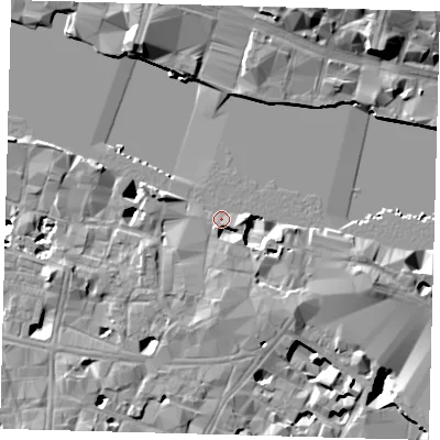 Shaded relief map of the ground around SE19FE, computed from Environment Agency LiDAR. The ground here sits at about 3 m above sea level and falls 21 m across the surrounding 800 m. Surface water reaching this point runs off ground lying to the south, 4.2 m higher.