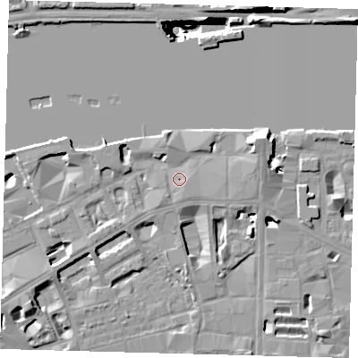 Shaded relief map of the ground around SE19GE, computed from Environment Agency LiDAR. The ground here sits at about 4 m above sea level and falls 41 m across the surrounding 800 m. Surface water reaching this point runs off ground lying to the south-west, 1.5 m higher.