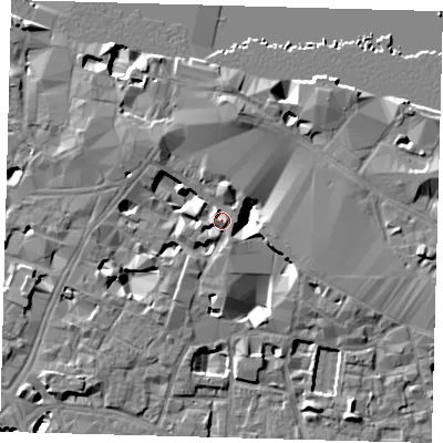 Shaded relief map of the ground around SE19GU, computed from Environment Agency LiDAR. The ground here sits at about 4 m above sea level and falls 10 m across the surrounding 800 m. Surface water reaching this point runs off ground lying to the north-west, 5.1 m higher.