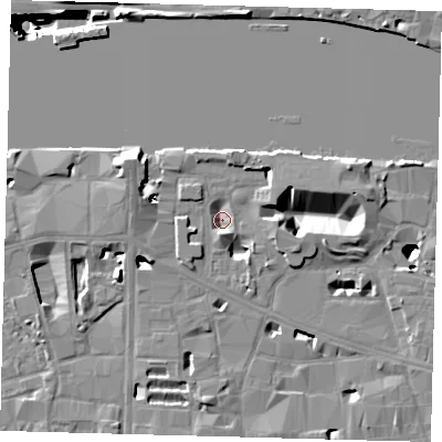 Shaded relief map of the ground around SE19GZ, computed from Environment Agency LiDAR. The ground here sits at about 2 m above sea level and falls 40 m across the surrounding 800 m. Surface water reaching this point runs off ground lying to the south, 3.2 m higher.