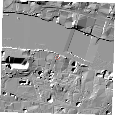 Shaded relief map of the ground around SE19HA, computed from Environment Agency LiDAR. The ground here sits at about 4 m above sea level and falls 21 m across the surrounding 800 m. Surface water reaching this point runs off ground lying to the west, 1.5 m higher.
