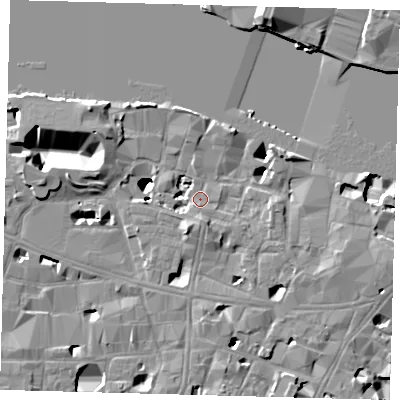 Shaded relief map of the ground around SE19HB, computed from Environment Agency LiDAR. The ground here sits at about 4 m above sea level and falls 17 m across the surrounding 800 m. Surface water reaching this point runs off ground lying to the south, 2.4 m higher.