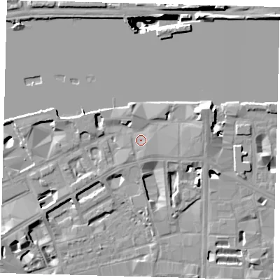 Shaded relief map of the ground around SE19HE, computed from Environment Agency LiDAR. The ground here sits at about 4 m above sea level and falls 41 m across the surrounding 800 m. Surface water reaching this point runs off ground lying to the south-west, 1.7 m higher.
