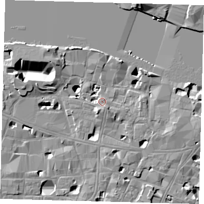 Shaded relief map of the ground around SE19HF, computed from Environment Agency LiDAR. The ground here sits at about 4 m above sea level and falls 17 m across the surrounding 800 m. Surface water reaching this point runs off ground lying to the south-south-west, 1.9 m higher.