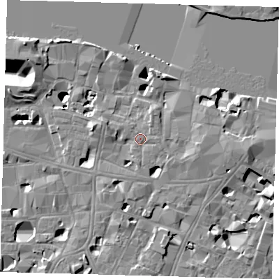 Shaded relief map of the ground around SE19HG, computed from Environment Agency LiDAR. The ground here sits at about 4 m above sea level and falls 14 m across the surrounding 800 m. Surface water reaching this point runs off ground lying to the south-east, 1.1 m higher.