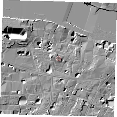 Shaded relief map of the ground around SE19HH, computed from Environment Agency LiDAR. The ground here sits at about 5 m above sea level and falls 14 m across the surrounding 800 m. Surface water reaching this point runs off ground lying to the north-west, 1.7 m higher.