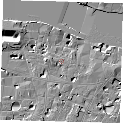 Shaded relief map of the ground around SE19HN, computed from Environment Agency LiDAR. The ground here sits at about 4 m above sea level and falls 14 m across the surrounding 800 m. The ground contributing surface water to this point lies to the south-south-west.