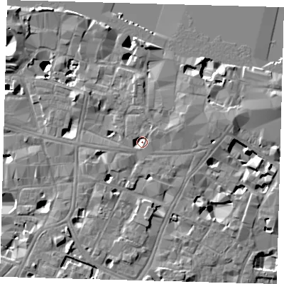 Shaded relief map of the ground around SE19HP, computed from Environment Agency LiDAR. The ground here sits at about 3 m above sea level and falls 14 m across the surrounding 800 m. Surface water reaching this point runs off ground lying to the east-north-east, 4.9 m higher.