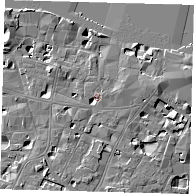Shaded relief map of the ground around SE19HR, computed from Environment Agency LiDAR. The ground here sits at about 5 m above sea level and falls 14 m across the surrounding 800 m. Surface water reaching this point runs off ground lying to the south, 3.1 m higher.