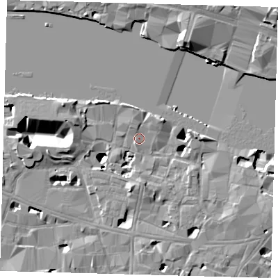 Shaded relief map of the ground around SE19HS, computed from Environment Agency LiDAR. The ground here sits at about 4 m above sea level and falls 19 m across the surrounding 800 m. Surface water reaching this point runs off ground lying to the north-east, 0.8 m higher.