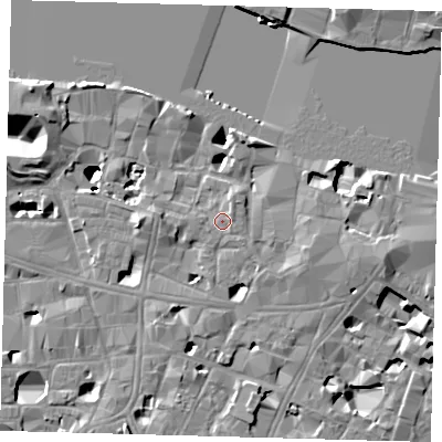 Shaded relief map of the ground around SE19HU, computed from Environment Agency LiDAR. The ground here sits at about 4 m above sea level and falls 14 m across the surrounding 800 m. Surface water reaching this point runs off ground lying to the north-east, 1.2 m higher.
