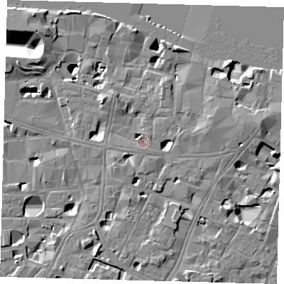 Shaded relief map of the ground around SE19HW, computed from Environment Agency LiDAR. The ground here sits at about 4 m above sea level and falls 14 m across the surrounding 800 m. Surface water reaching this point runs off ground lying to the north-east, 2.3 m higher.
