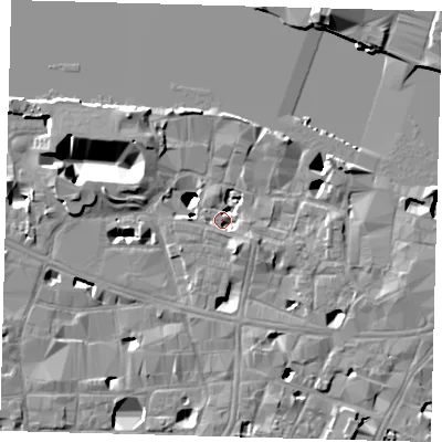 Shaded relief map of the ground around SE19HZ, computed from Environment Agency LiDAR. The ground here sits at about 3 m above sea level and falls 17 m across the surrounding 800 m. Surface water reaching this point runs off ground lying to the south-south-east, 4.7 m higher.