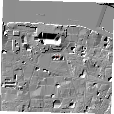 Shaded relief map of the ground around SE19JA, computed from Environment Agency LiDAR. The ground here sits at about 3 m above sea level and falls 16 m across the surrounding 800 m. Surface water reaching this point runs off ground lying to the north-north-west, 13.8 m higher.