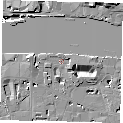 Shaded relief map of the ground around SE19JB, computed from Environment Agency LiDAR. The ground here sits at about 4 m above sea level and falls 45 m across the surrounding 800 m. Surface water reaching this point runs off ground lying to the east-north-east, 2.2 m higher.