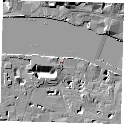 Shaded relief map of the ground around SE19JE, computed from Environment Agency LiDAR. The ground here sits at about 4 m above sea level and falls 21 m across the surrounding 800 m. Surface water reaching this point runs off ground lying to the west-north-west, 2.9 m higher.