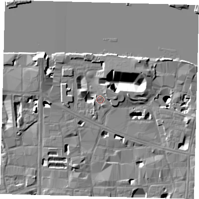 Shaded relief map of the ground around SE19JF, computed from Environment Agency LiDAR. The ground here sits at about 4 m above sea level and falls 16 m across the surrounding 800 m. Surface water reaching this point runs off ground lying to the west-north-west, 12.2 m higher.