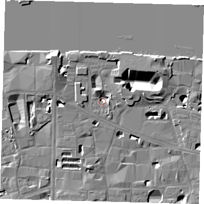 Shaded relief map of the ground around SE19JJ, computed from Environment Agency LiDAR. The ground here sits at about 3 m above sea level and falls 16 m across the surrounding 800 m. Surface water reaching this point runs off ground lying to the north-west, 12.2 m higher.