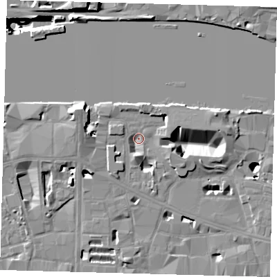 Shaded relief map of the ground around SE19JR, computed from Environment Agency LiDAR. The ground here sits at about 3 m above sea level and falls 41 m across the surrounding 800 m. Surface water reaching this point runs off ground lying to the north-east, 4.5 m higher.
