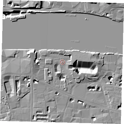 Shaded relief map of the ground around SE19JT, computed from Environment Agency LiDAR. The ground here sits at about 4 m above sea level and falls 41 m across the surrounding 800 m. Surface water reaching this point runs off ground lying to the west, 12.2 m higher.