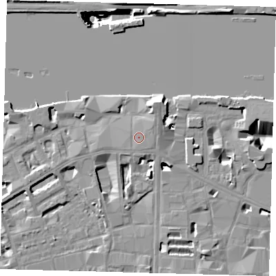 Shaded relief map of the ground around SE19JU, computed from Environment Agency LiDAR. The ground here sits at about 5 m above sea level and falls 40 m across the surrounding 800 m. Surface water reaching this point runs off ground lying to the north-east, 1.7 m higher.