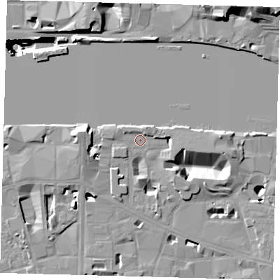 Shaded relief map of the ground around SE19JW, computed from Environment Agency LiDAR. The ground here sits at about 4 m above sea level and falls 45 m across the surrounding 800 m. Surface water reaching this point runs off ground lying to the east, 2.2 m higher.