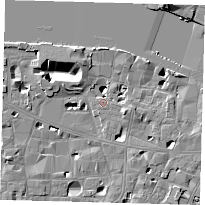 Shaded relief map of the ground around SE19JX, computed from Environment Agency LiDAR. The ground here sits at about 4 m above sea level and falls 17 m across the surrounding 800 m. Surface water reaching this point runs off ground lying to the east-south-east, 7.9 m higher.
