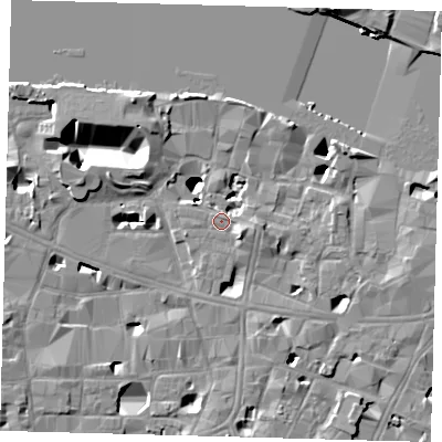 Shaded relief map of the ground around SE19JY, computed from Environment Agency LiDAR. The ground here sits at about 4 m above sea level and falls 16 m across the surrounding 800 m. Surface water reaching this point runs off ground lying to the south-east, 2.3 m higher.