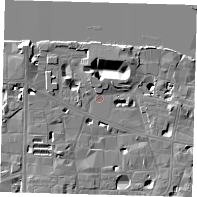 Shaded relief map of the ground around SE19JZ, computed from Environment Agency LiDAR. The ground here sits at about 3 m above sea level and falls 16 m across the surrounding 800 m. Surface water reaching this point runs off ground lying to the north, 4.6 m higher.