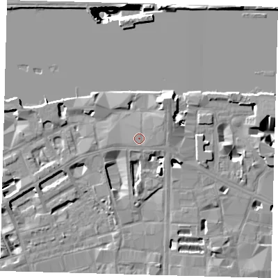 Shaded relief map of the ground around SE19LA, computed from Environment Agency LiDAR. The ground here sits at about 5 m above sea level and falls 40 m across the surrounding 800 m. Surface water reaching this point runs off ground lying to the east-north-east, 0.7 m higher.