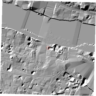 Shaded relief map of the ground around SE19LB, computed from Environment Agency LiDAR. The ground here sits at about 4 m above sea level and falls 21 m across the surrounding 800 m. Surface water reaching this point runs off ground lying to the south, 2.4 m higher.