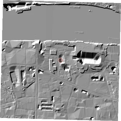Shaded relief map of the ground around SE19LF, computed from Environment Agency LiDAR. The ground here sits at about 2 m above sea level and falls 40 m across the surrounding 800 m. Surface water reaching this point runs off ground lying to the west-north-west, 12.2 m higher.