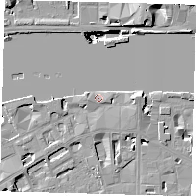Shaded relief map of the ground around SE19LH, computed from Environment Agency LiDAR. The ground here sits at about 4 m above sea level and falls 41 m across the surrounding 800 m. Surface water reaching this point runs off ground lying to the west-south-west, 1.9 m higher.