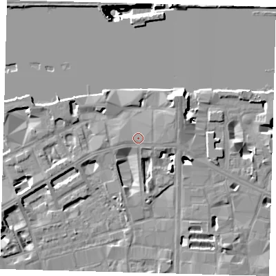 Shaded relief map of the ground around SE19LJ, computed from Environment Agency LiDAR. The ground here sits at about 5 m above sea level and falls 40 m across the surrounding 800 m. Surface water reaching this point runs off ground lying to the south-east, 0.5 m higher.