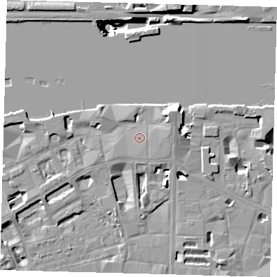 Shaded relief map of the ground around SE19LP, computed from Environment Agency LiDAR. The ground here sits at about 5 m above sea level and falls 41 m across the surrounding 800 m. Surface water reaching this point runs off ground lying to the east, 1.8 m higher.
