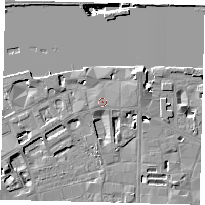 Shaded relief map of the ground around SE19LQ, computed from Environment Agency LiDAR. The ground here sits at about 5 m above sea level and falls 40 m across the surrounding 800 m. Surface water reaching this point runs off ground lying to the east-south-east, 0.6 m higher.