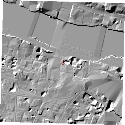 Shaded relief map of the ground around SE19LS, computed from Environment Agency LiDAR. The ground here sits at about 4 m above sea level and falls 20 m across the surrounding 800 m. Surface water reaching this point runs off ground lying to the south, 2.2 m higher.