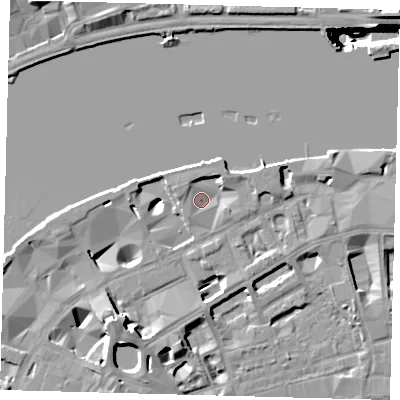 Shaded relief map of the ground around SE19LT, computed from Environment Agency LiDAR. The ground here sits at about 4 m above sea level and falls 40 m across the surrounding 800 m. Surface water reaching this point runs off ground lying to the north-west, 3.1 m higher.