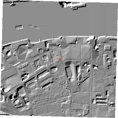 Shaded relief map of the ground around SE19LX, computed from Environment Agency LiDAR. The ground here sits at about 5 m above sea level and falls 41 m across the surrounding 800 m. Surface water reaching this point runs off ground lying to the south, 0.7 m higher.