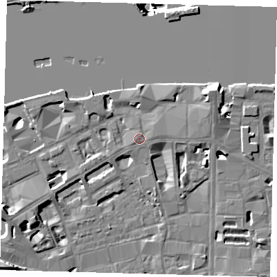 Shaded relief map of the ground around SE19LY, computed from Environment Agency LiDAR. The ground here sits at about 5 m above sea level and falls 41 m across the surrounding 800 m. Surface water reaching this point runs off ground lying to the west, 0.7 m higher.