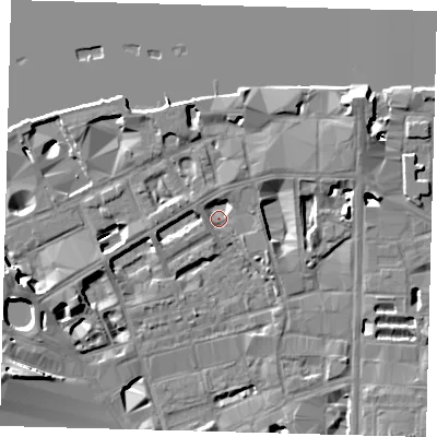 Shaded relief map of the ground around SE19NA, computed from Environment Agency LiDAR. The ground here sits at about 3 m above sea level and falls 15 m across the surrounding 800 m. Surface water reaching this point runs off ground lying to the east-north-east, 3.4 m higher.