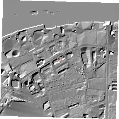 Shaded relief map of the ground around SE19NB, computed from Environment Agency LiDAR. The ground here sits at about 2 m above sea level and falls 15 m across the surrounding 800 m. Surface water reaching this point runs off ground lying to the north, 3.4 m higher.